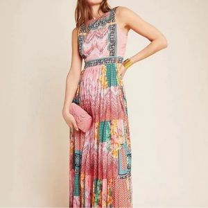 Anthropologie Pink and Green Maxi Dress